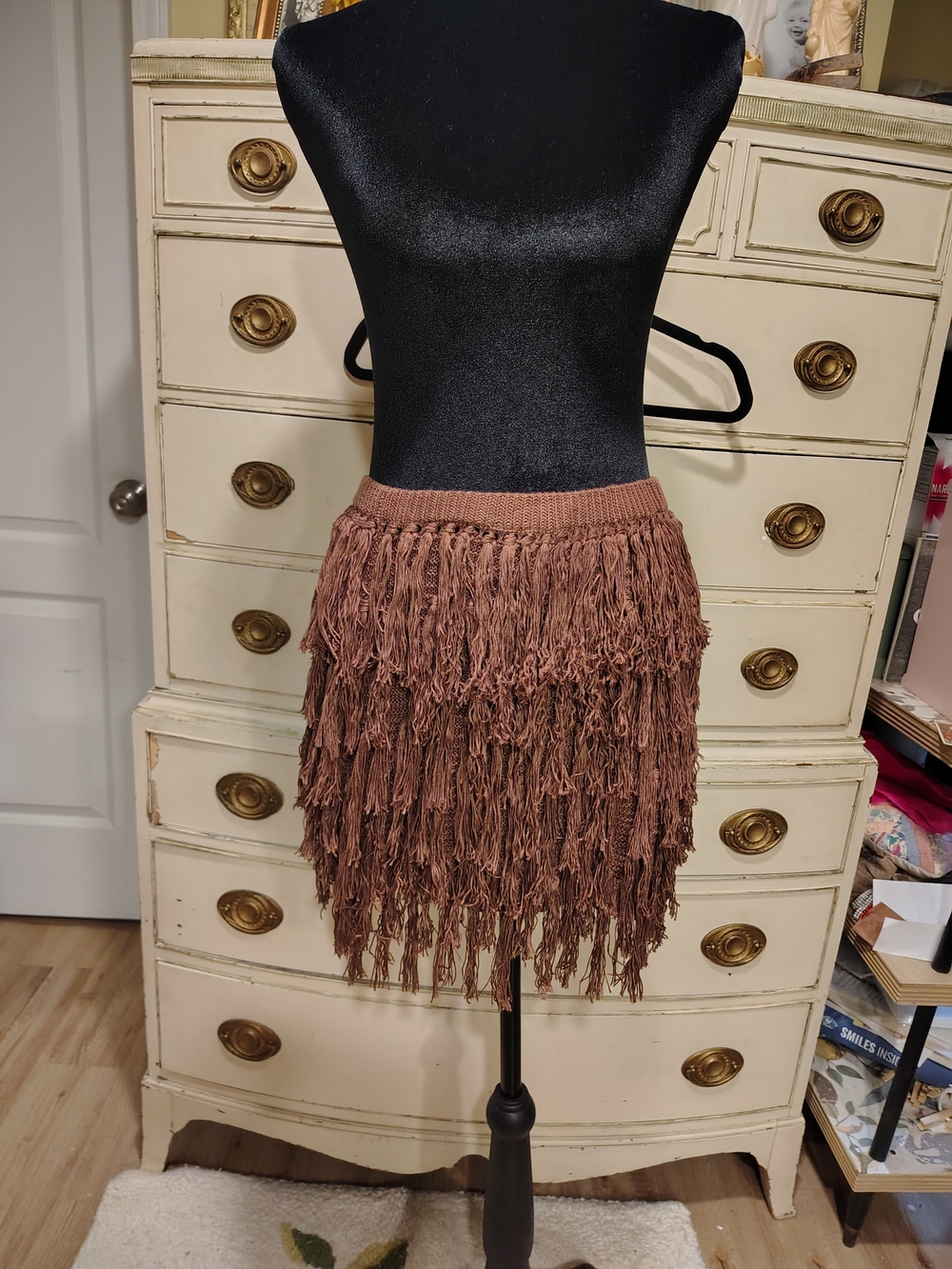 Fringed Knit Mini Skirt in Brown
